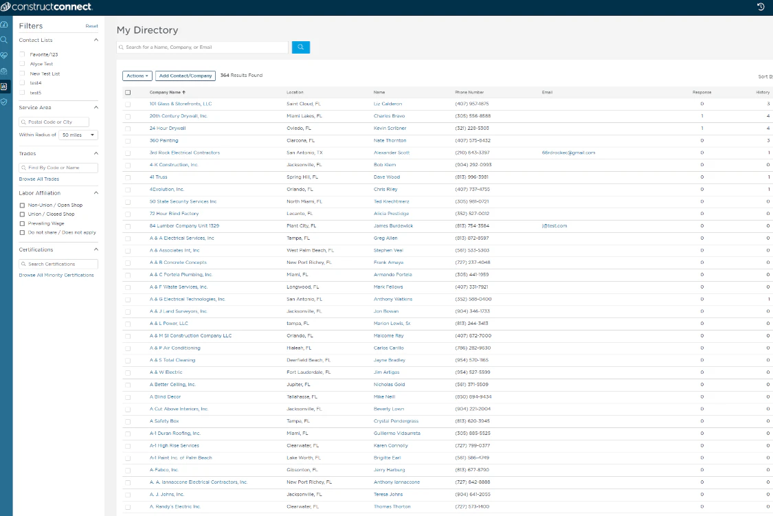 screenshot of ConstructConnect Bid Management